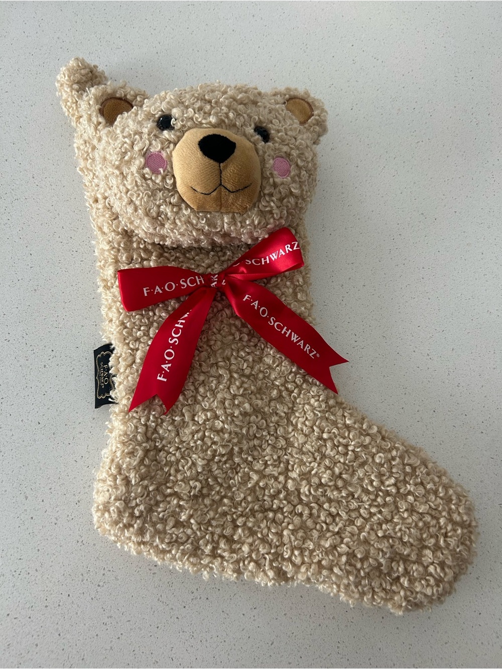 Vintage FAO Schwarz Christmas Stocking Plush Fuzzy Brown Teddy Bear